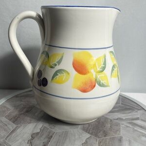 Bizzirri Italy 10” Hand Painted Fruit Pitcher Ceramic Jug Blue Trim